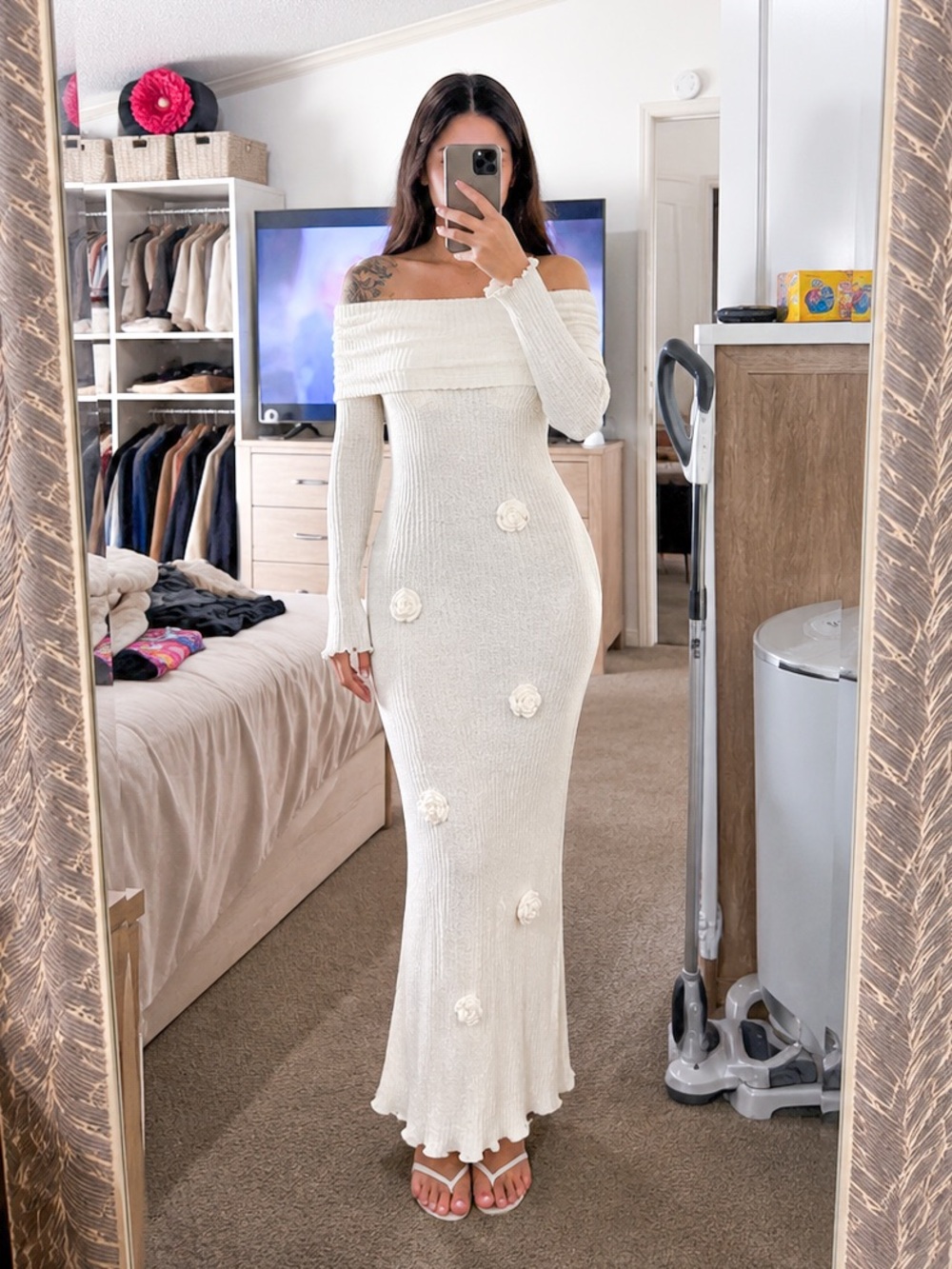 Ivory Off-Shoulder Knit Maxi Dress with Floral Appliqués